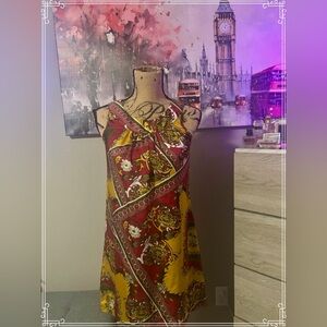 Red and Yellow Floral Halter Dress.